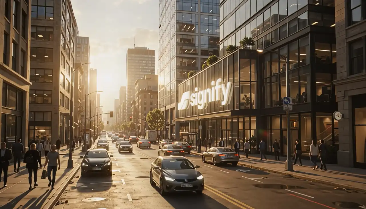 A city street at golden hour with the Signify sign lit on a glass storefront